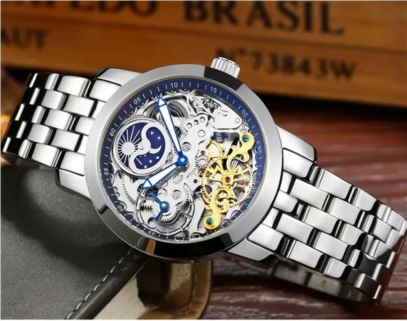 Скелет для мужчин механические часы Автоматические полые Tourbillon часы модные мужские водостойкие 50 м Спорт Луна часы с фазами Relogio