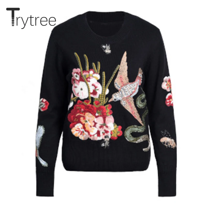 Женский свитер Trytree Повседневный хлопковый с круглым вырезом и вышивкой 3 цвета |
