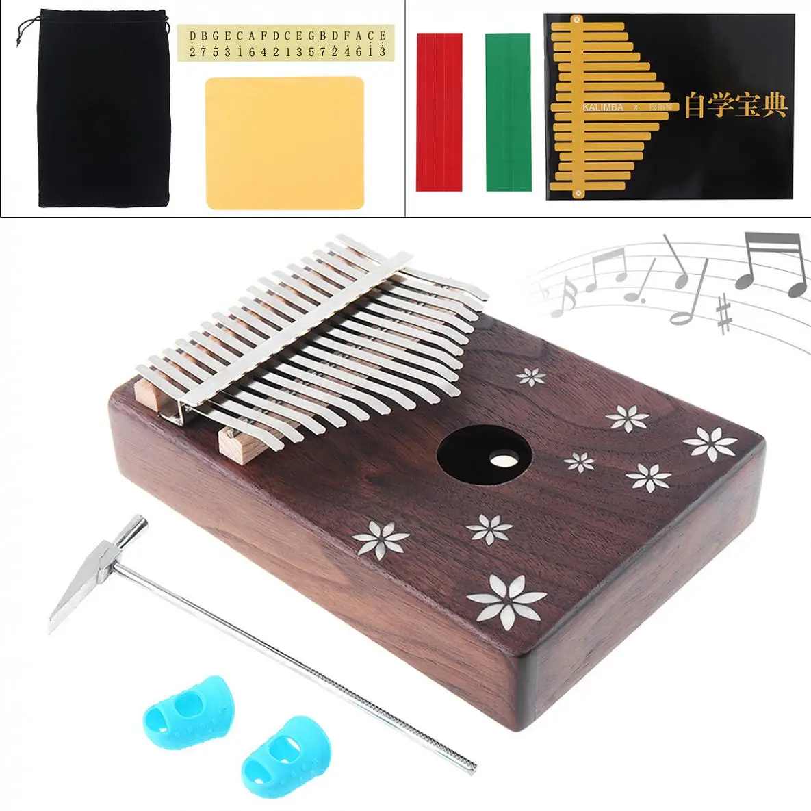 Миниатюрное пианино Kalimba из акации 17 клавиш с корпусом инкрустацией Семь листьев