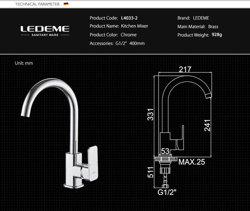 LEDEME Chrome Кухня кран раковина смеситель поворотным носик кран классический поворотный Медь одно отверстие Кухня смесители краны