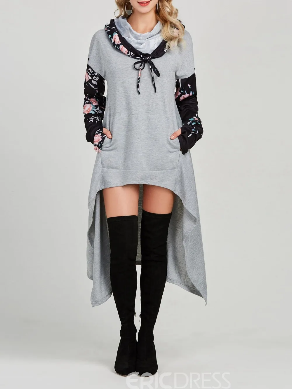 Женское платье с капюшоном и длинным рукавом в стиле пэчворк | Женская одежда