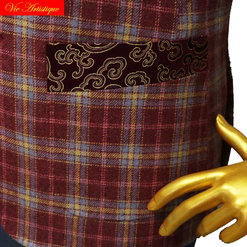 custom tailor made suits 3 pieces jacket pant vest Worsted wool Men's suit groom tuxedos red wine lattice plaid casual 2018 new