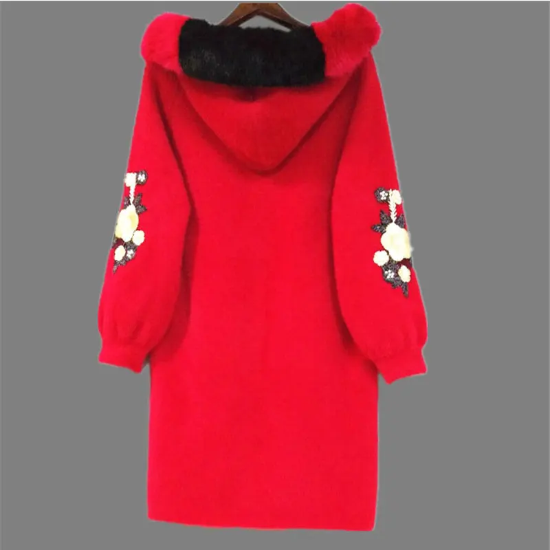 red Flower fur Модный толстый теплый вязаный кардиган из искусственной норки, пальто с капюшоном и вышивкой лебедя, Длинная женская куртка, осенне-зимняя ветровка - Цвет: red Flower fur