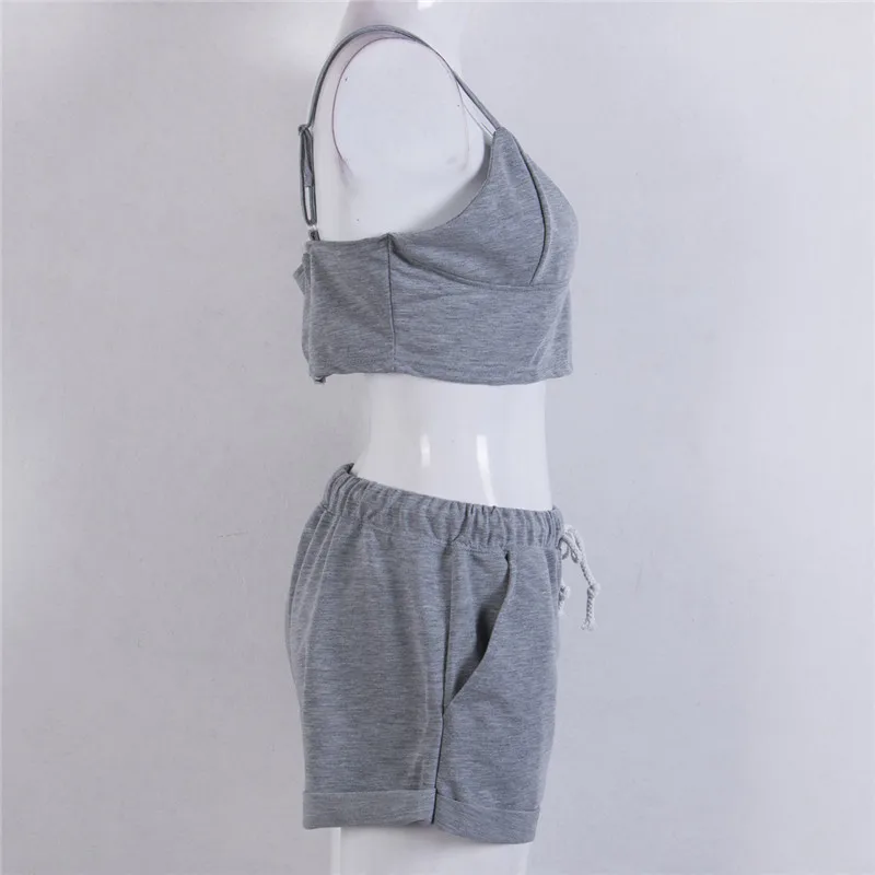 

2Pcs Summer Set Short Sleepwear Women Grey Sleeveless V-neck Sling Crop Tops and Shorts Girls Vest Shorts 2018 Ladies Tracksuit