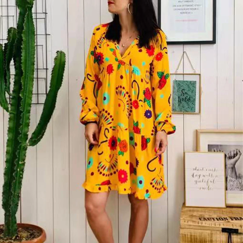 Длинные рукава свободные модные платья Цветочные пляжные вечерние повседневные