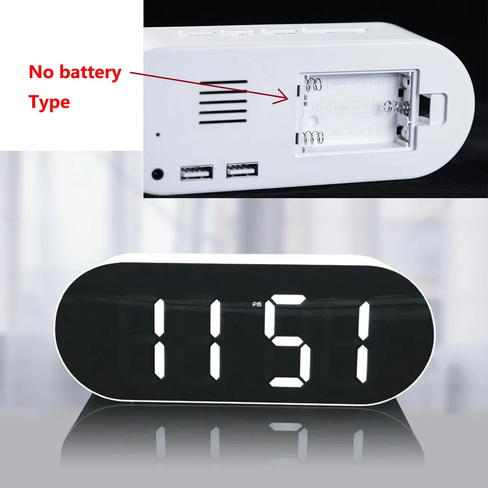 No battery type Светодиодный зеркальный будильник настольные часы цифровой Повтор часы Пробуждение светильник электронный Большой температурный дисплей украшение для дома часы - Цвет: No battery type
