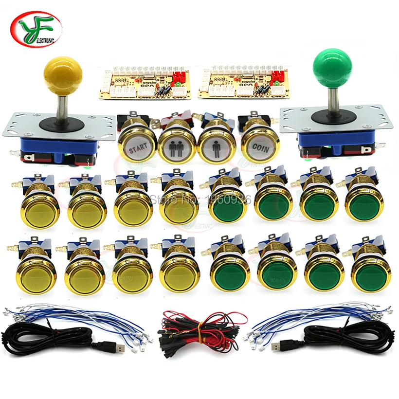 yellow green button Аркадный джойстик DIY Kit Нулевая задержка Игровой Набор сделай сам 2 плеера USB энкодер для ПК аркадный джойстик+ светодиодный хром золото кнопки - Цвет: yellow green button