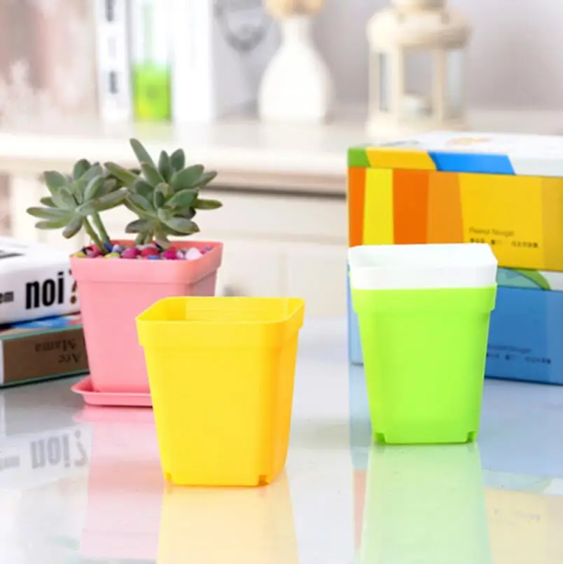 

Mini Colorful Square Plastic Flower Pots Desktop Potted Plants Succulents pot with Tray For Garden Home Decor LX6671