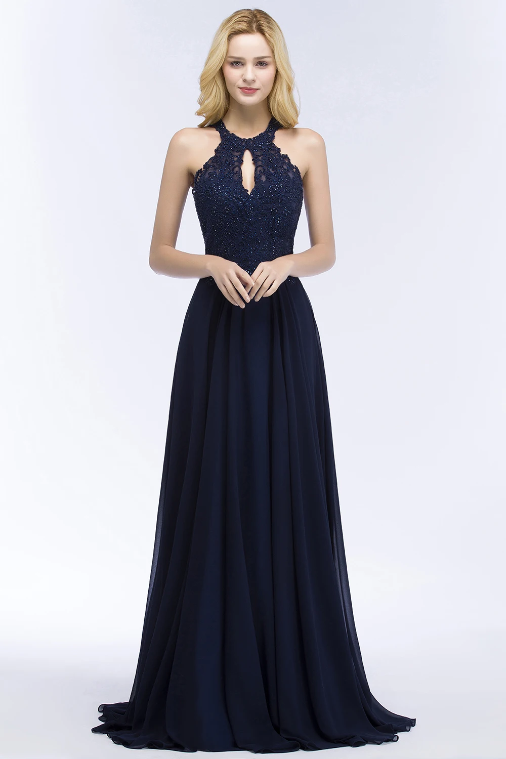 Vestido de Festa темно синее кружево бисера длинное вечернее платье пикантное Холтер