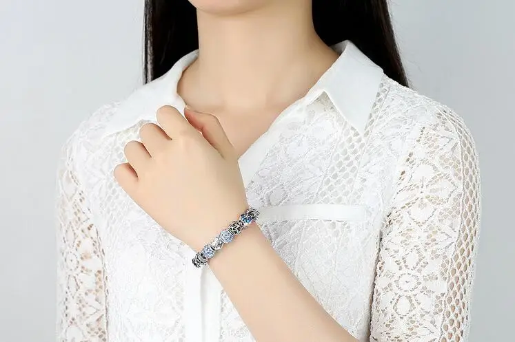 

LycorisSmart 2017 Popular Blue charm 925 Silver Heart Charm Bracelet & Bangle With Glass Beads Jewelry