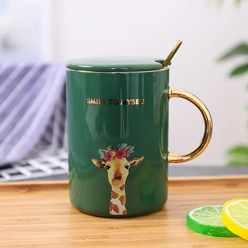 Giraffe 400 мл Милая керамика кружка для чая кофе фарфоровая посуда для напитков кружка для молока на завтрак с крышкой и ложкой кружки с животными креативная Питьевая чашка - Цвет: Giraffe
