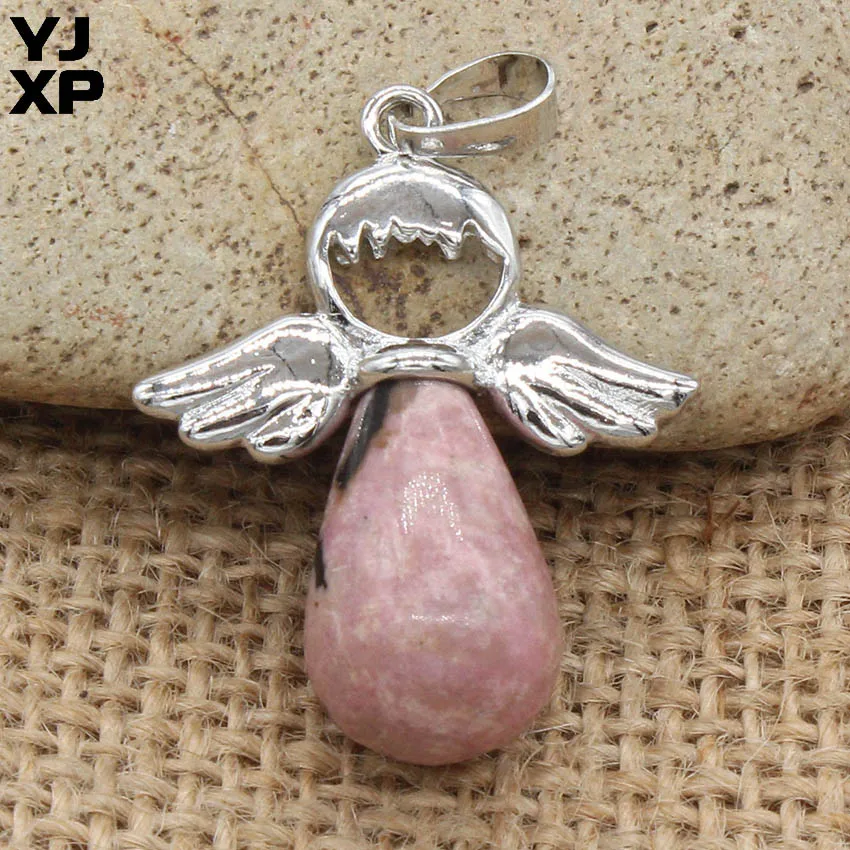 Rhodonite YJXP Подвески с крыльями ангела в форме капли воды натуральный камень аметисты розовый Quartzs милые Подвески ювелирные изделия ожерелья подходит - Окраска металла: Rhodonite