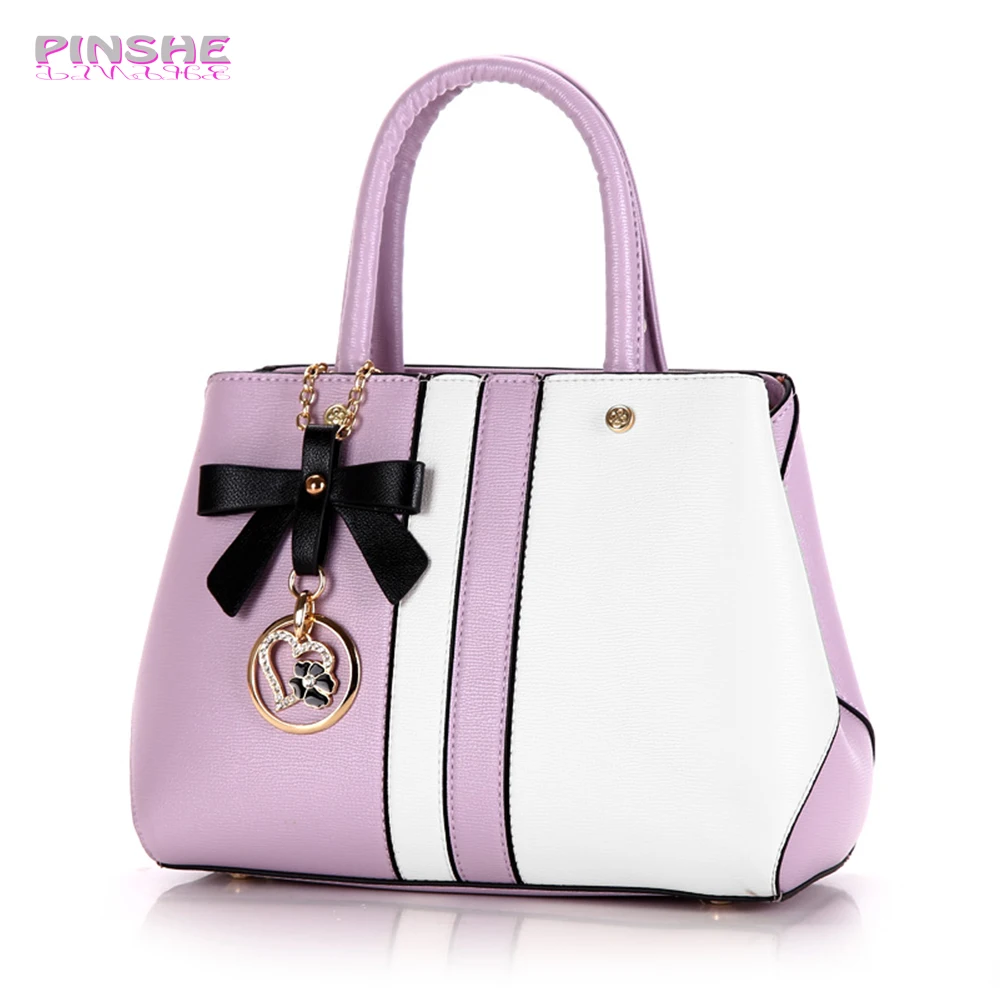 PINSHE 2017 Lady Fashion Bow flowers Stitching Pink Medium Bag Women Shoulder Messenger Bags Leather Handbag Designer | Багаж и сумки
