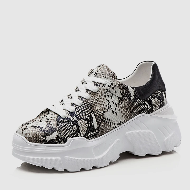 DORATASIA Spring New Western Style Girl Snake Veins Sneakers Women Whole Genuine Cow Leather Fashion Dad Shoes Woman - Color: Black