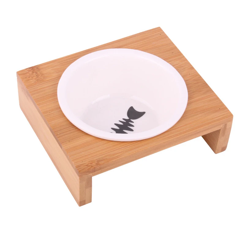 Pet Bowl Ceramic Bowl Cat Bowl Pet Food Bowl Drinking Water Bowl Anti-Skid Wooden Frame Round Ceramic Single Bowl Double Bowl - Цвет: one