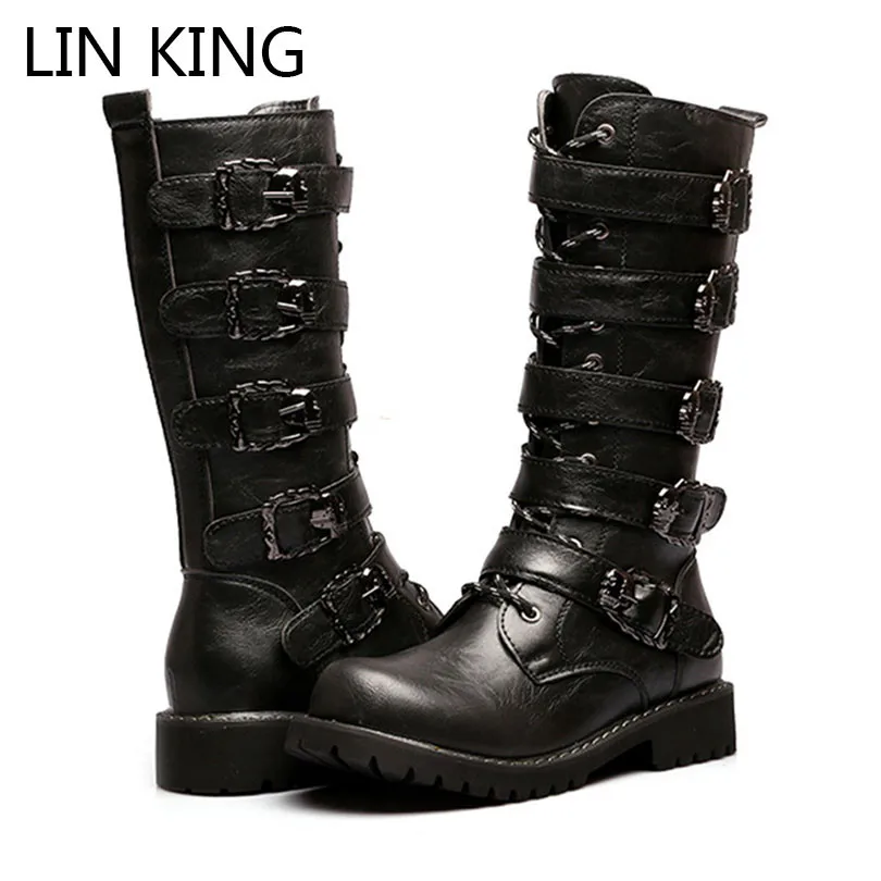 LIN KING/мужские высокие ботинки в винтажном стиле; Цвет Черный; ботинки в байкерском стиле на шнуровке; модные мужские военные ботинки с металлическим украшением; большие размеры 46