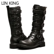 LIN KING/мужские высокие ботинки в винтажном стиле; Цвет Черный; ботинки в байкерском стиле на шнуровке; модные мужские военные ботинки с металлическим украшением; большие размеры 46