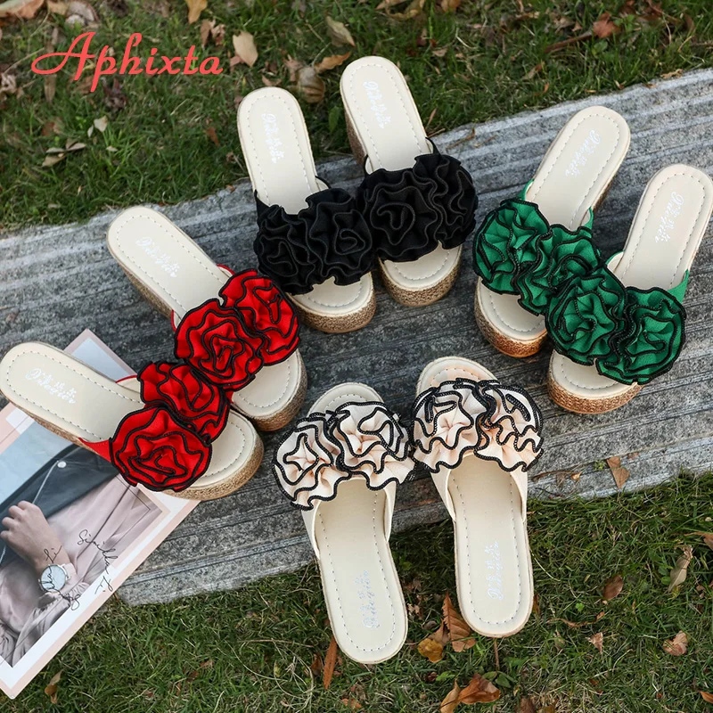 Aphixta шлепанцы на танкетке 9 см женские туфли сабо сандалии с розовыми цветами