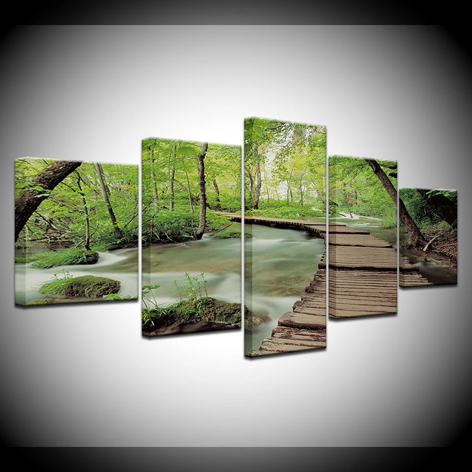 

5 Panel HD Print Green forest wood bridge Landscape wall posters Print On Canvas Art Painting For living room home decoration