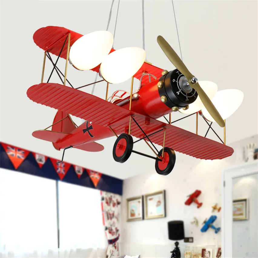 

American Retro LED Two-wing Aircraft Model Pendant Lights Lighting Children's Room Cartoon Novelty Lamps Boy Bedroom Lighting