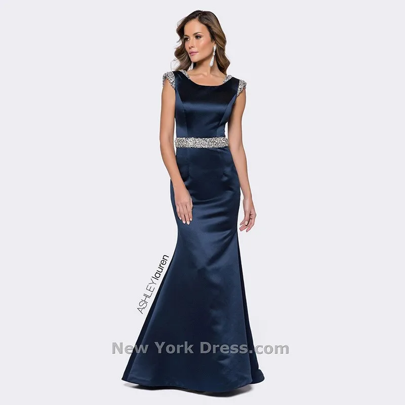 Elegant Cap Sleeves With Crystals Scoop Neck Navy Blue Red Mermaid Evening Dresses Open Back Sweep Train Vestidos De Soiree | Свадьбы и