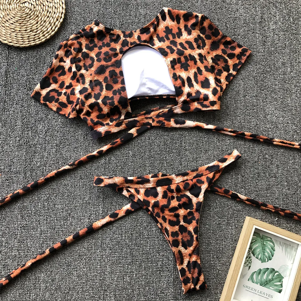 

Hollow Out Bathing Suit Women Sexy Thong Swimwear Bath Bikini Crop Top Leopard Bikini Set T-shirt Bandage Female Swimsuit