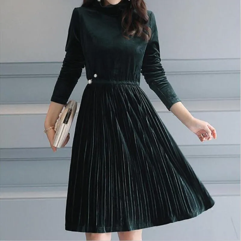 2020 осенне зимнее женское плиссированное платье с высоким воротником плюс размер