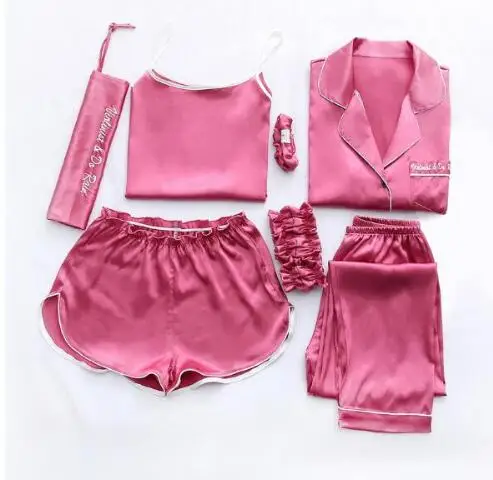 Комплект пижамный женский из 7 предметов элегантный Шелковый Топ с длинным