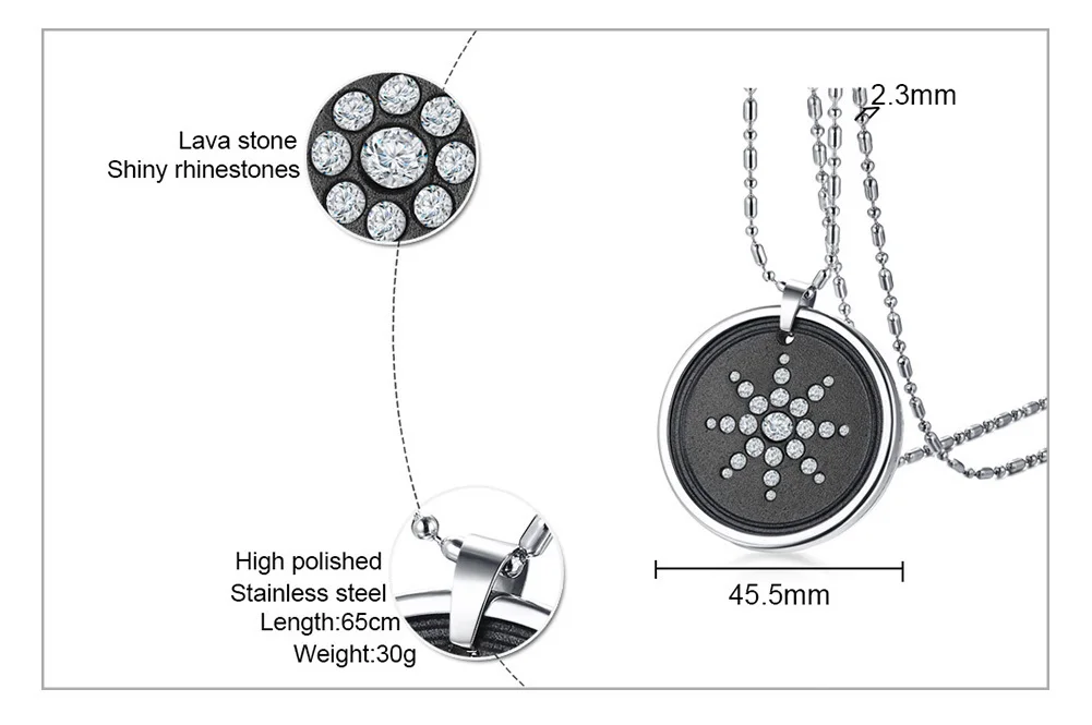 Vnox Scalar Quantum Energy Ions Pendant for Men Necklace Lava Stone Crystals Stainless Steel 25" Chain w/ Box Card Male Jewelry