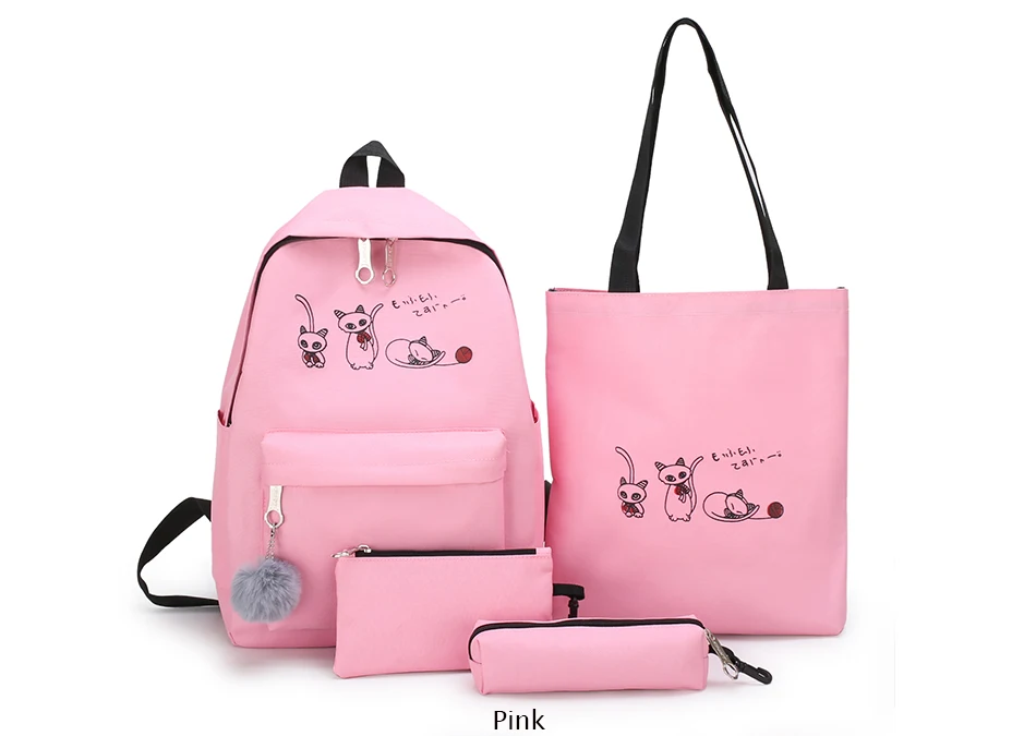 4Pcs/Set Travel Casual Oxford Letter Backpack Preppy Style Cute School Bags For Teenage Girls Women Cat Book Bag Rucksack Dame