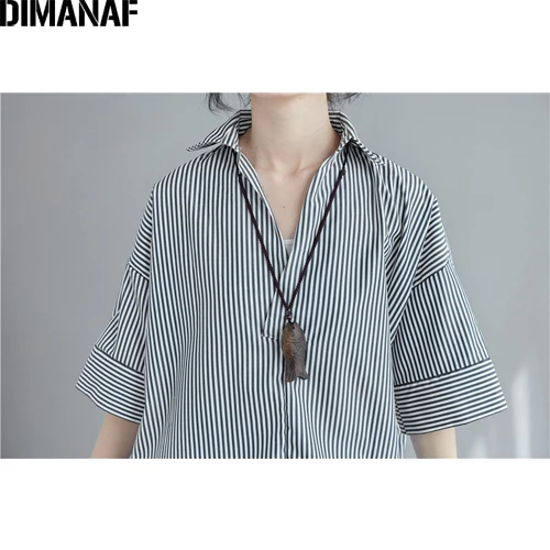 DMN98085CN-hei DIMANAF размера плюс, женская блузка, Длинные рубашки, летние хлопковые Базовые Женские топы с v-образным вырезом, женская одежда, свободная, повседневная, в полоску, новинка - Цвет: DMN98085CN-hei
