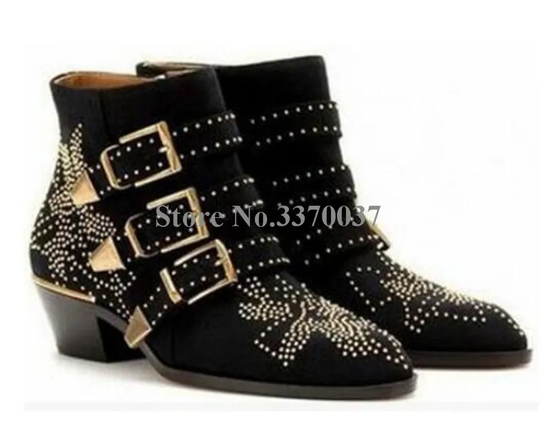 

Woman Fashion Rivets Booties Buckle Straps Square Heel Ankle Boots Studded Decorated Motorcycle Boots Woman Spike Riding Boots