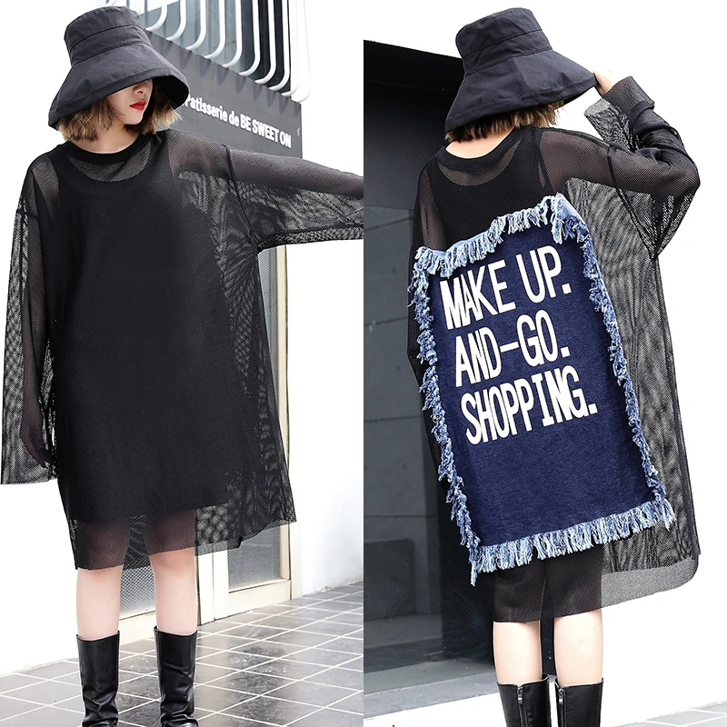 VGH 2018 New Summer Female T shirts For Women Top Long Sleeve Black Back Denim Split Joint Tassels Big Size shirt Fashion Tide | Женская