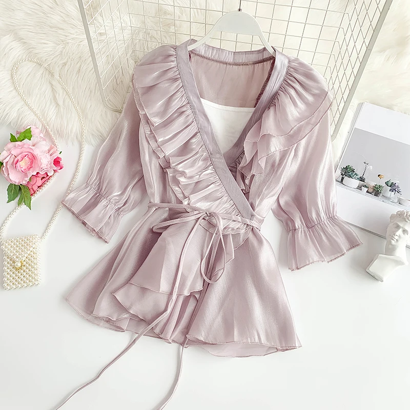 Женская блузка с оборками пикантная туника V образным вырезом элегантная пляжная