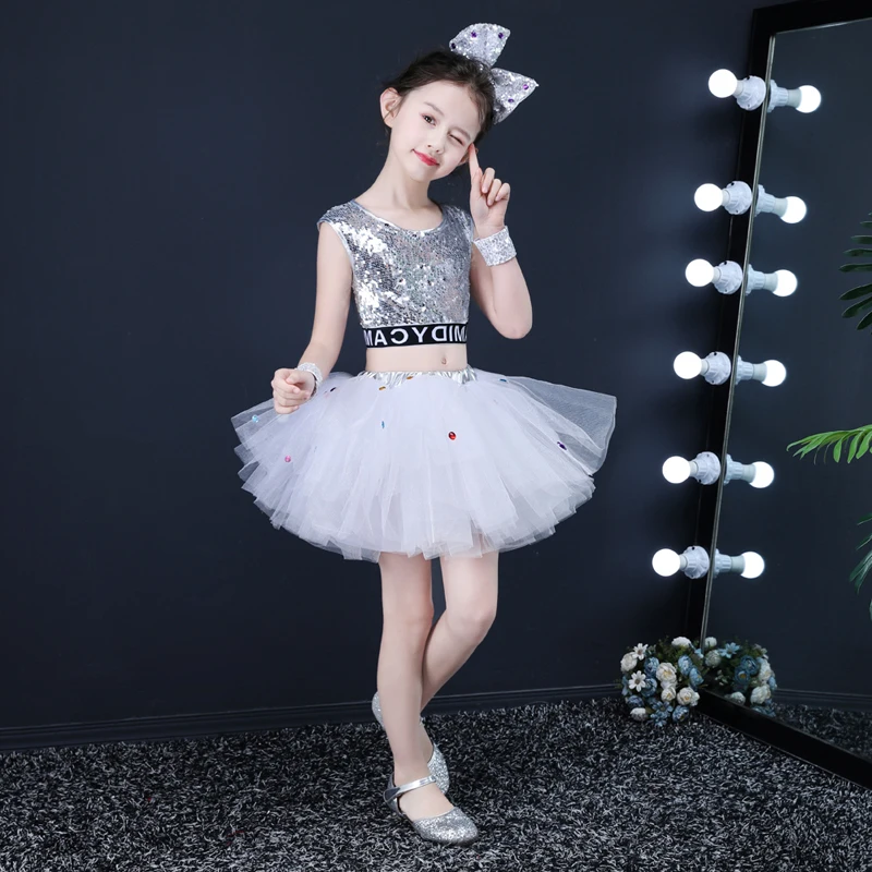 Sequin jazz dance costumes girls top salsa skirt modern dancing dress girl Kids competition costume dancewear |