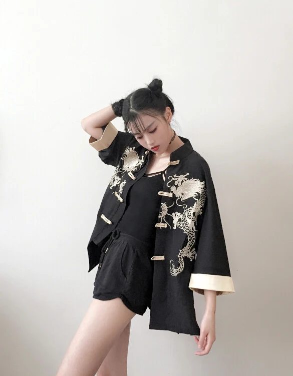 NiceMix шикарный бомбер в винтажном китайском стиле Harajuku Дракон вышивка куртка костюм Тан атласный кардиган с длинными рукавами Свободное пальто