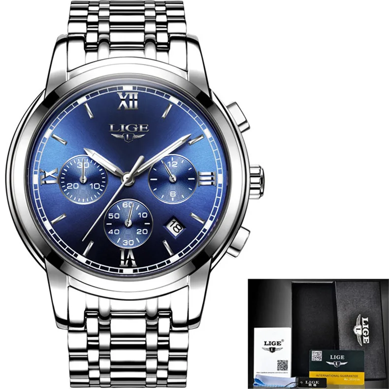 steel silver blue Мужские часы Montre Homme, люксовый бренд, LIGE, хронограф, мужские спортивные часы, водонепроницаемые, полностью стальные, кварцевые, мужские часы, Relogio Masculino - Цвет: steel silver blue