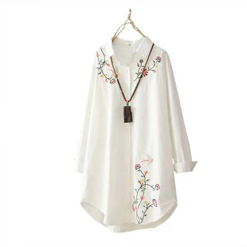 Женская Свободная блузка с вышитым цветком Повседневная рубашка отложным