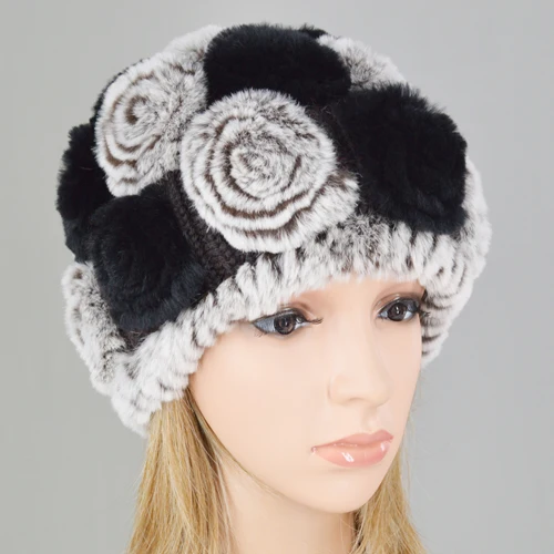color 2 Новинка, женская шапка Skullies, настоящий мех кролика, зимняя, цветочный мех кролика Рекс, шапочки, шапка для девочек, цветы, шапки из меха кролика рекс - Цвет: color 2