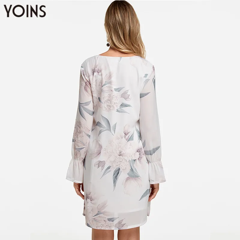 Женское платье с цветочным принтом длинным рукавом и V-образным вырезом | Женская