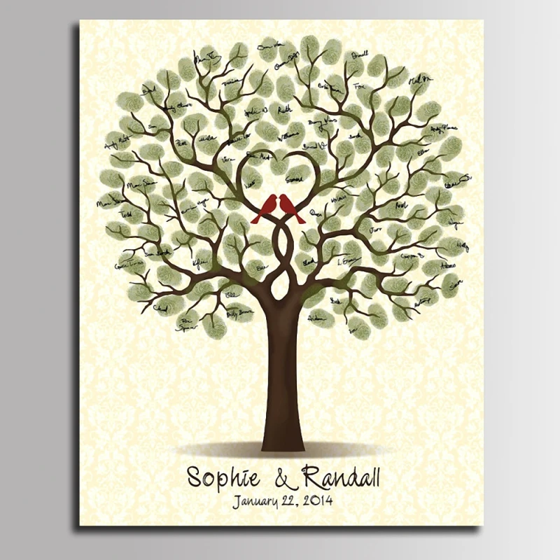 Свадебная Гостевая книга зеленый любят птицы дерево с отпечатками пальцев