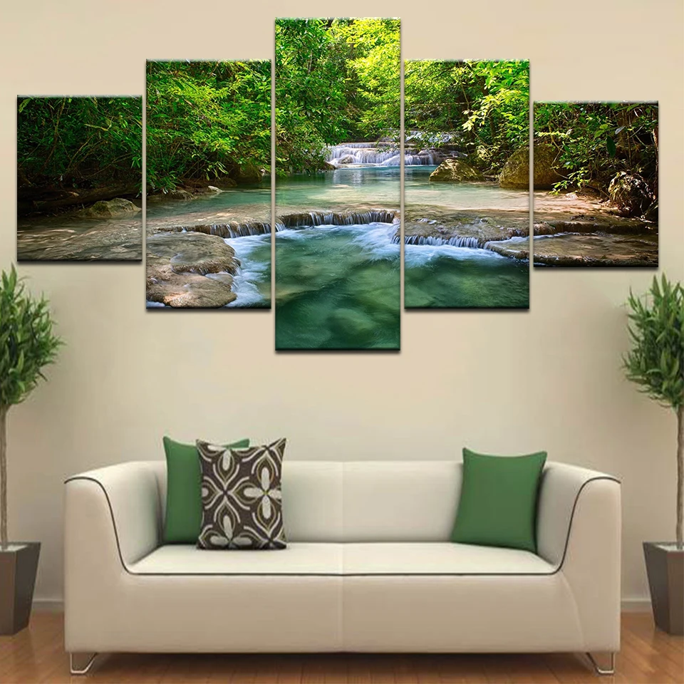 Фото Настенное искусство водопад в зеленом лесу Современная Настенная картина 5