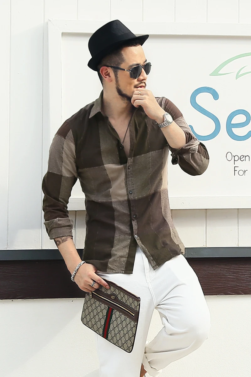 Новая Осенняя Модная брендовая мужская одежда приталенная Мужская рубашка с