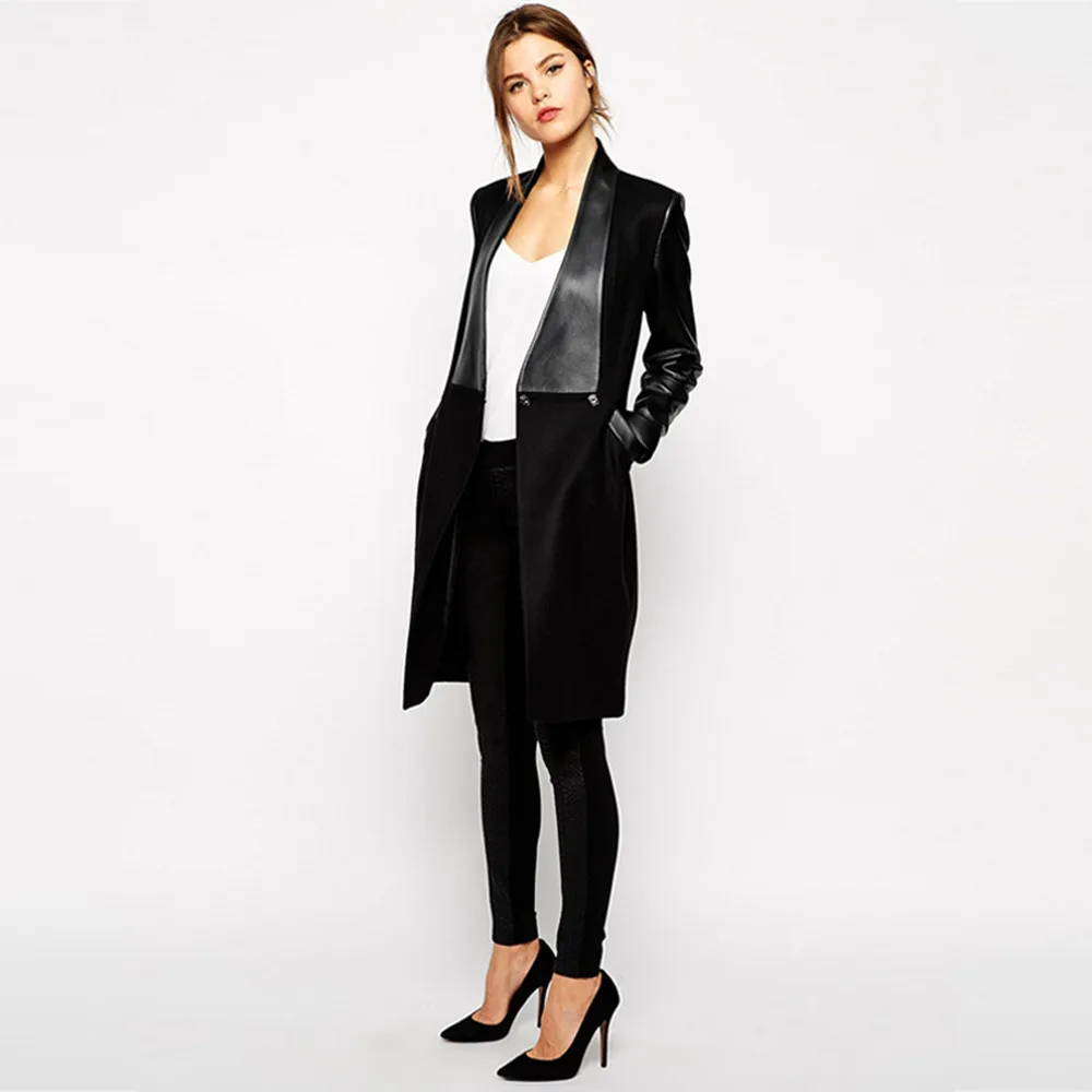 Черные кожаные пальто 2018 Для женщин Лоскутная Нерегулярные Кардиган с длинным PU