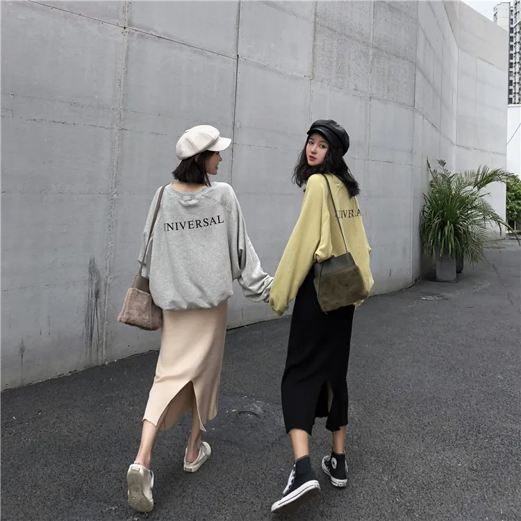 Harajuku уличная трикотажная юбка осень зима Корейская мода универсальная Сплит миди Faldas Mujer однотонные черные юбки женские