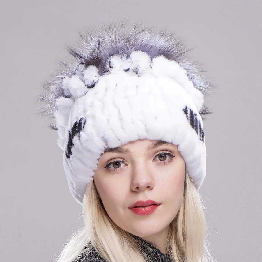 Fxfurs Winter Rex Rabbit Fur Hat With Silver Fox Flowers Top Knitted Beanies Fashion Women Causal Real Warm Cap | Аксессуары для