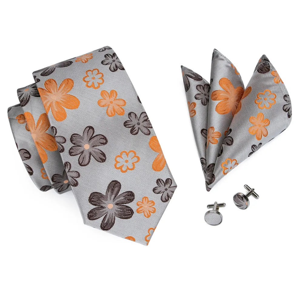 SN-1016 серый оранжевый коричневый цветочный галстук наборы запонок Hanky мужские 100%