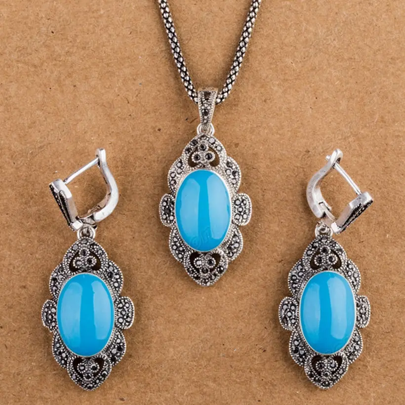 Очаровательный синий/зеленый опал Ретро тайский серебряный комплект ювелирных