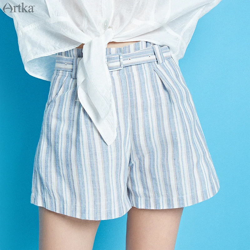Женские шорты в полоску ARTKA свободные удобные с поясом повседневные высокой