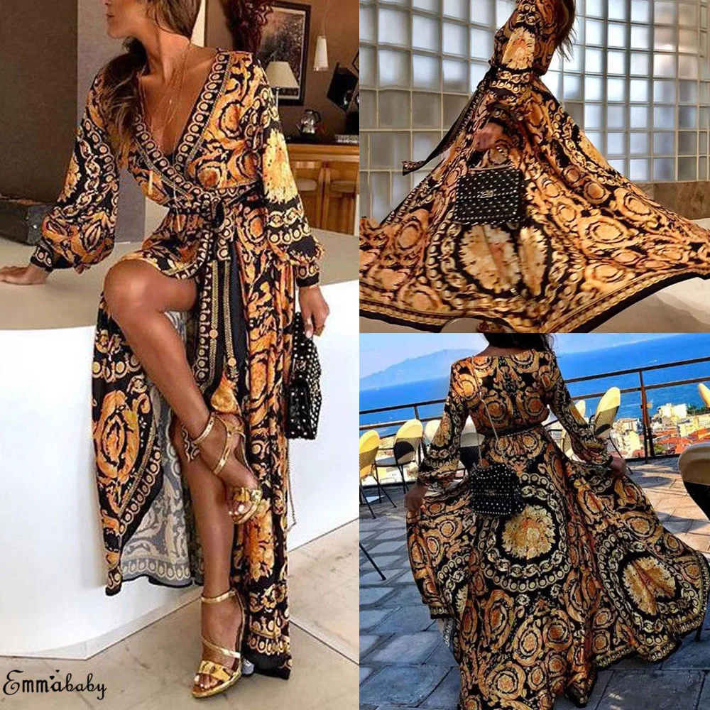 Boho женские s бикини с длинным рукавом, цветочные богемные Модные женские вечерние облегающие макси платья, одежда больших размеров